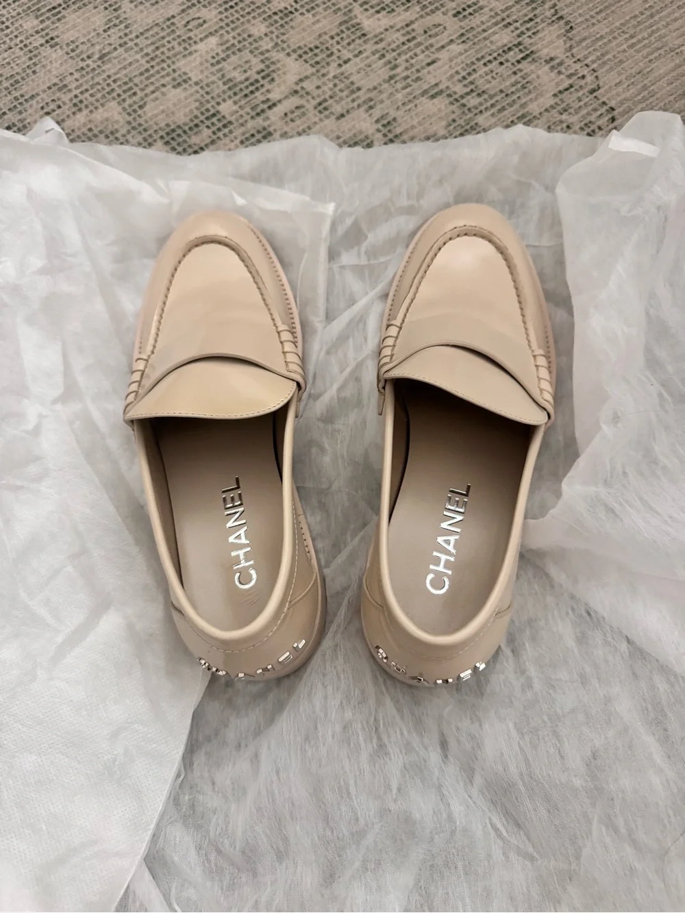 CHANEL Beige Patent Leather Penny Loafers